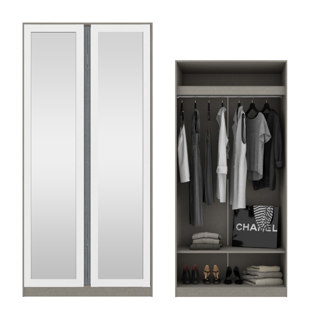 ตู้เสื้อผ้า แขวนโล่ง OP-A ขนาด 100 ซม. รุ่น Blox สีขาวลายผ้า&กระจกเงา1