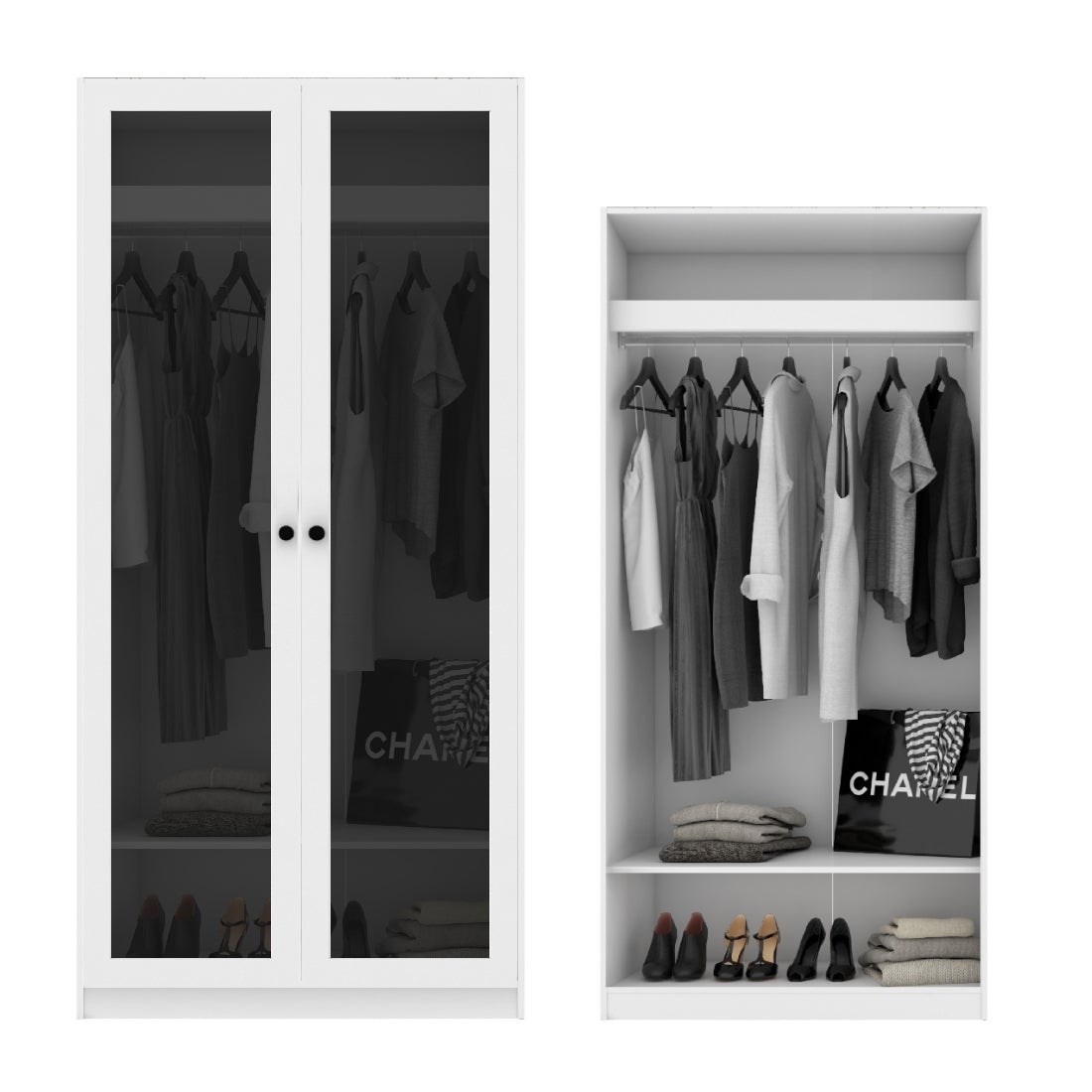 ตู้เสื้อผ้า แขวนโล่ง OP-A ขนาด 100 ซม. รุ่น Blox สีขาว&กระจกชาดำ1