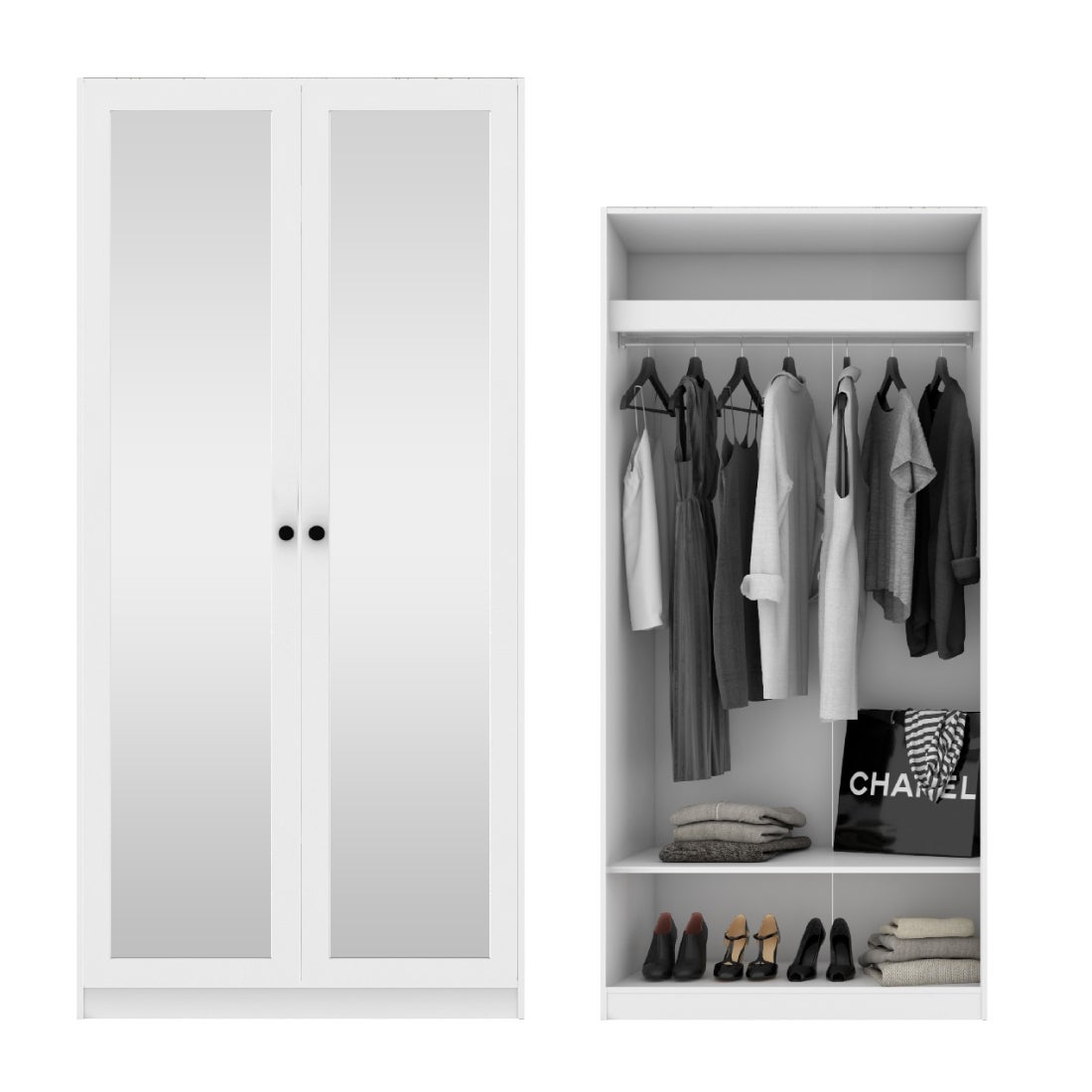 ตู้เสื้อผ้า แขวนโล่ง OP-A ขนาด 100 ซม. รุ่น Blox สีขาว&กระจกเงา1