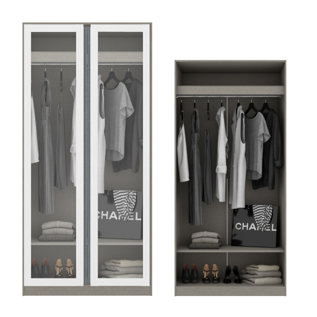ตู้เสื้อผ้า แขวนโล่ง OP-A ขนาด 100 ซม. รุ่น Blox สีขาวลายผ้า&กระจกใส2