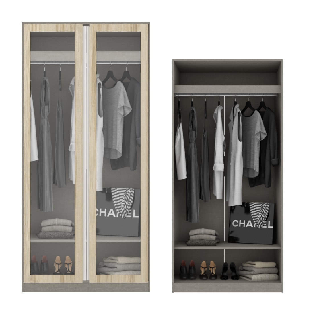 ตู้เสื้อผ้า แขวนโล่ง OP-A ขนาด 100 ซม. รุ่น Blox สีไม้อ่อน&กระจกใส1