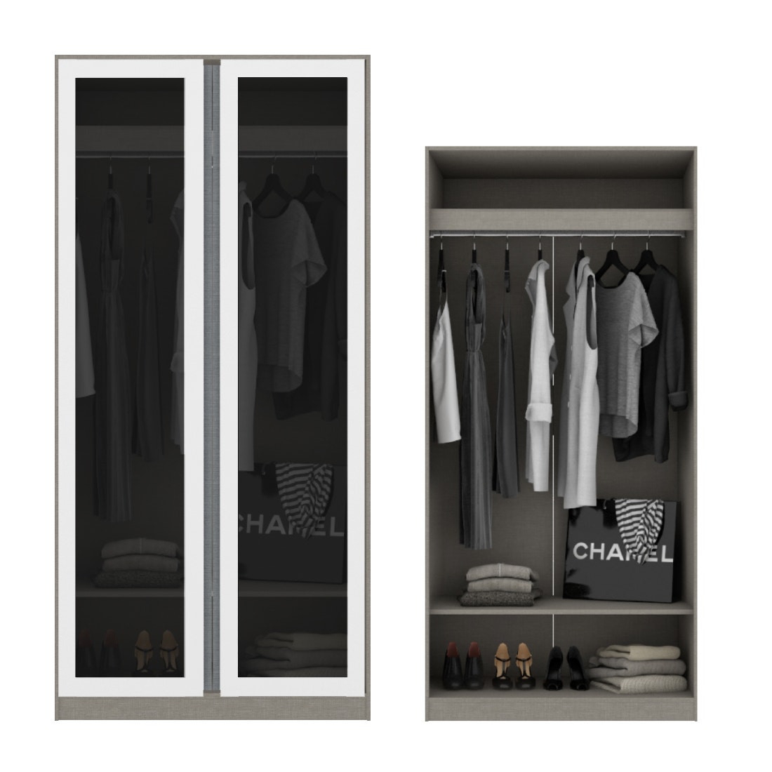 ตู้เสื้อผ้า แขวนโล่ง OP-A ขนาด 100 ซม. รุ่น Blox สีขาวลายผ้า&กระจกชาดำ1
