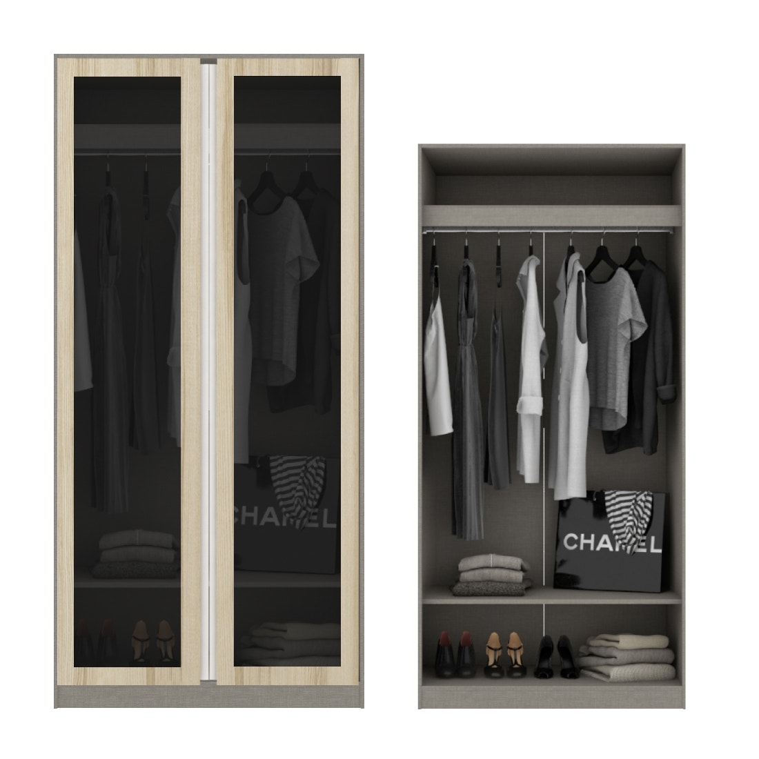 ตู้เสื้อผ้า แขวนโล่ง OP-A ขนาด 100 ซม. รุ่น Blox สีไม้อ่อน&กระจกชาดำ1