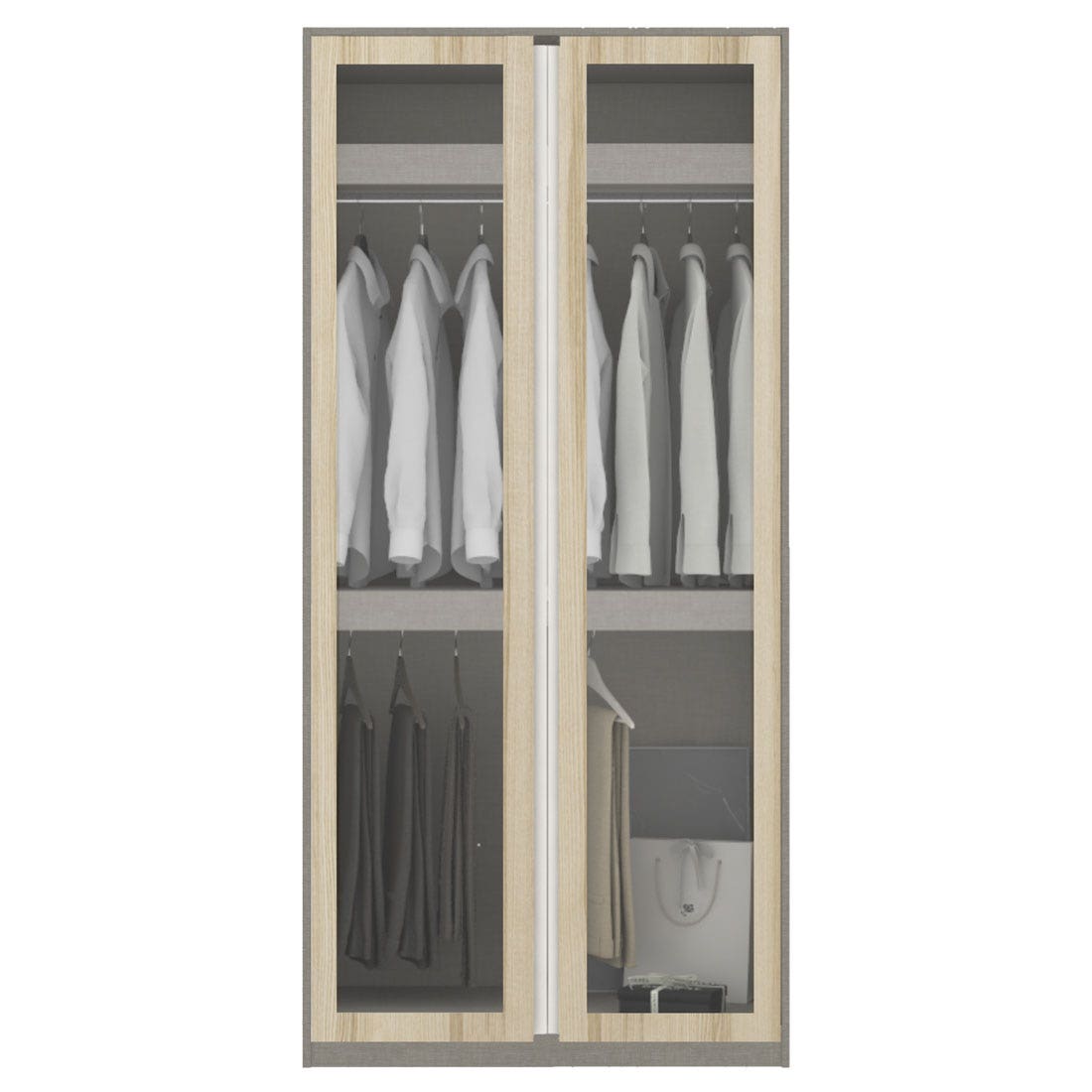 ตู้เสื้อผ้า แขวนบน-ล่าง OP-B ขนาด 100 ซม. รุ่น Blox สีไม้อ่อน&กระจกใส1