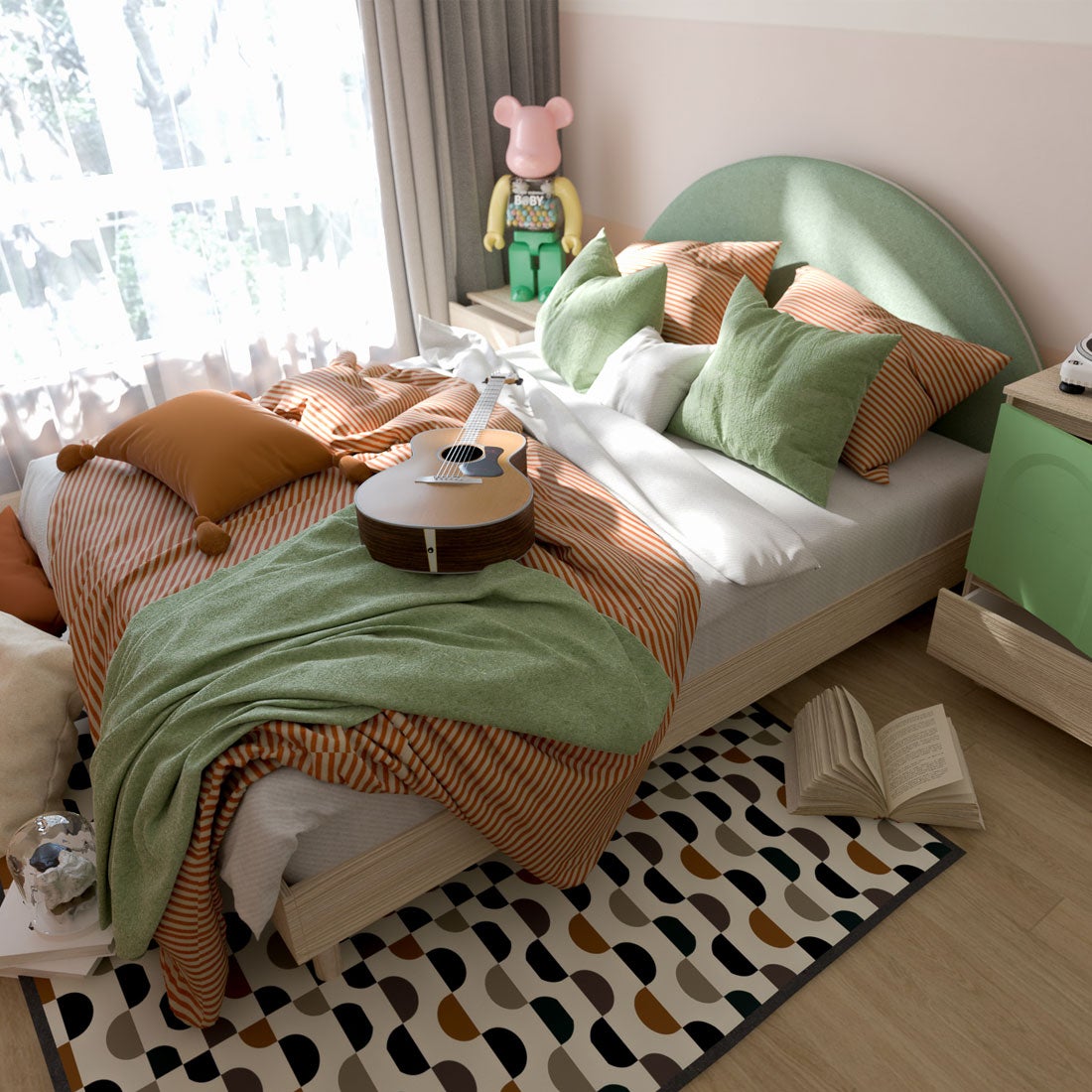 เตียงนอนหัวเบาะ 5 ฟุต รุ่น Bingsoo เบาะเขียว สีไม้อ่อน4