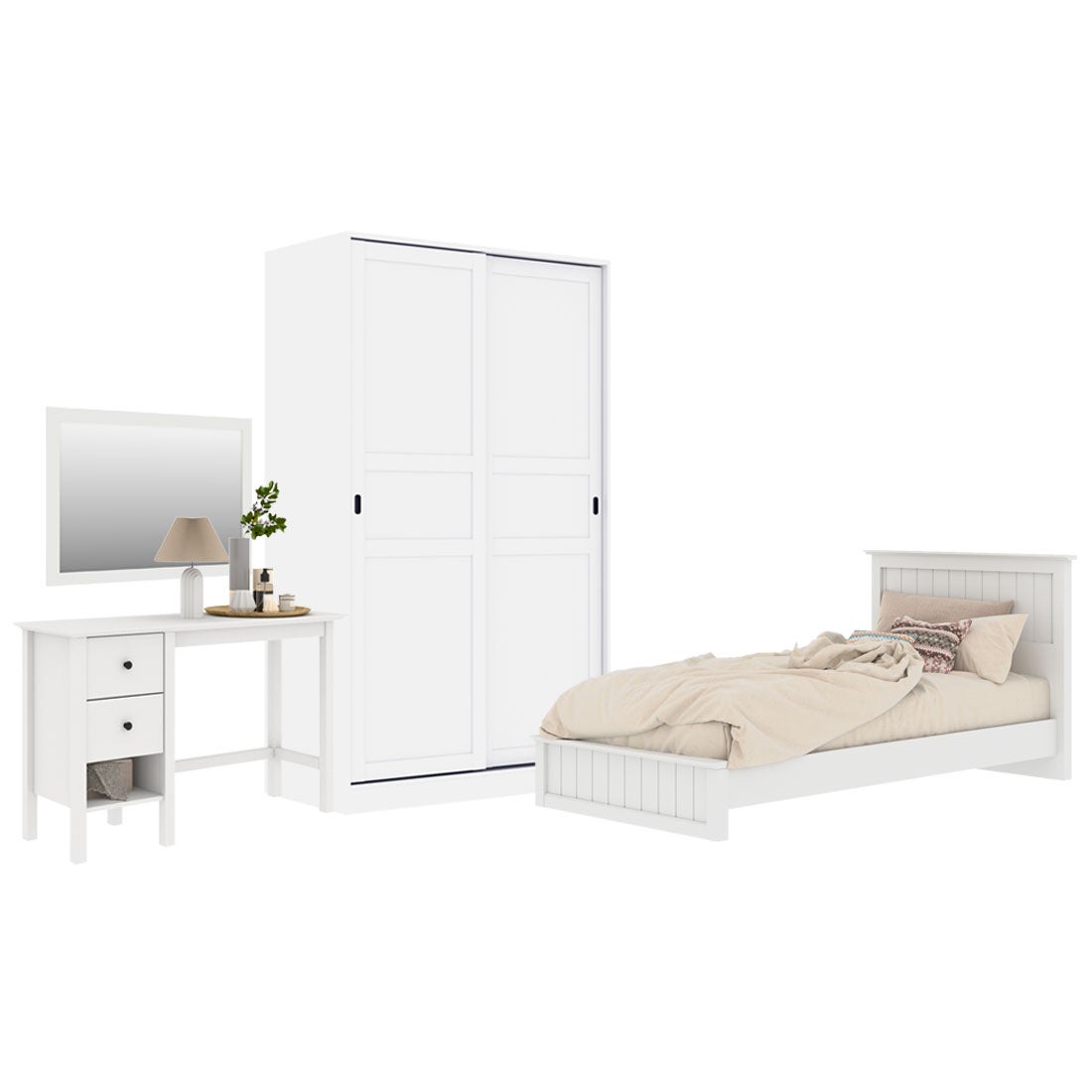 ชุดห้องนอน ขนาด 3.5 ฟุต รุ่น Moneta & ตู้บานเเลื่อน 120 ซม. สีขาว01