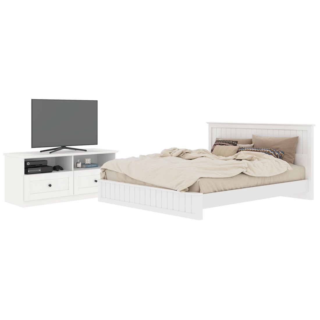 เตียงนอน ขนาด 6 ฟุต รุ่น Moneta & ชั้นวางทีวี 120 ซม. สีขาว1