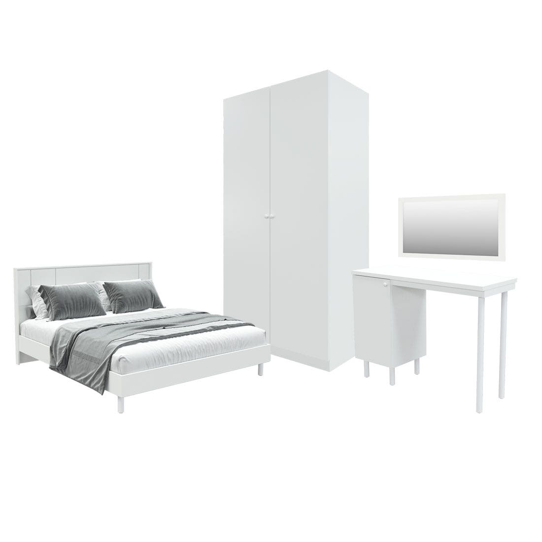 ชุดห้องนอน ขนาด 5 ฟุต รุ่น Pearliz ขาเหล็ก และ ตู้ Blox ขนาด 100 ซม. พร้อมโต๊ะทำงาน สีขาว มิดกรอส01