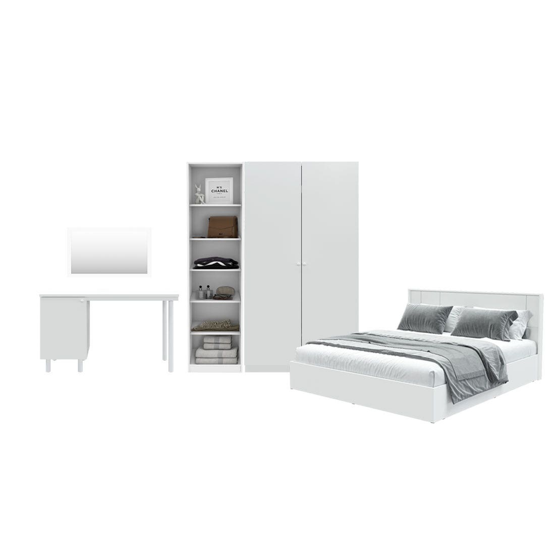 ชุดห้องนอน ขนาด 5 ฟุต รุ่น Pearliz และ ตู้ Blox ขนาด 150 ซม. พร้อมโต๊ะทำงาน สีขาว มิดกรอส01
