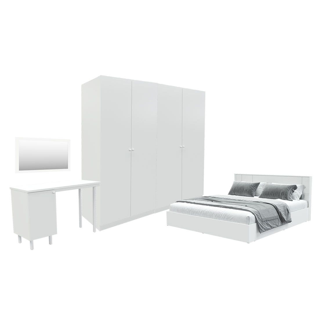 ชุดห้องนอน ขนาด 6 ฟุต รุ่น Pearliz และ ตู้ Blox ขนาด 200 ซม. พร้อมโต๊ะทำงาน สีขาว มิดกรอส01