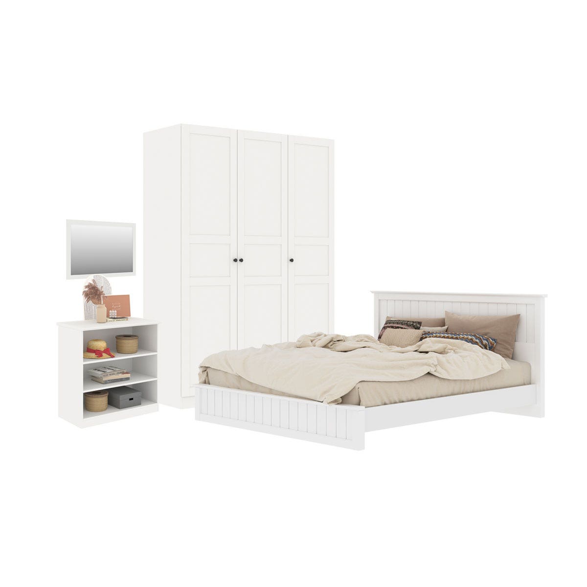 ชุดห้องนอน เตียง 5' & ตู้เสื้อผ้า & ตู้เตี้ย รุ่น Moneta พร้อม กระจกแขวน รุ่น Selector สีขาว01