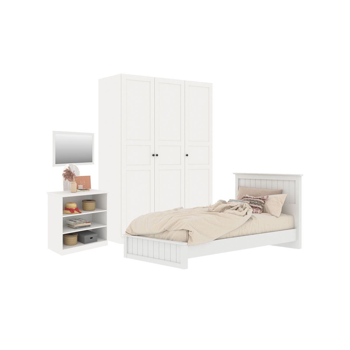 ชุดห้องนอน เตียง 3.5' & ตู้เสื้อผ้า & ตู้เตี้ย รุ่น Moneta พร้อม กระจกแขวน รุ่น Selector สีขาว01