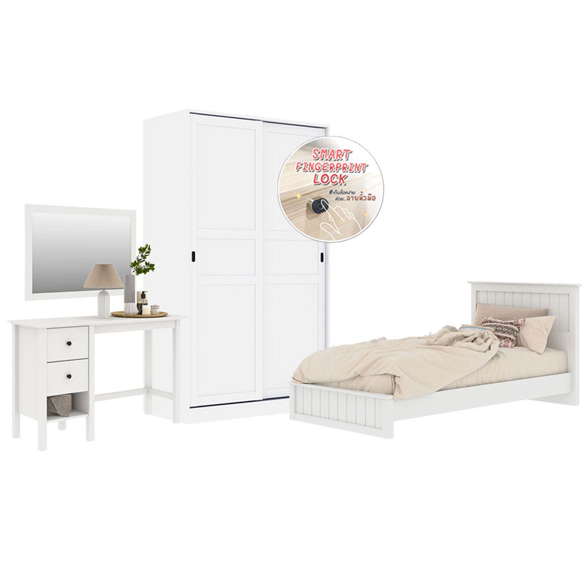 ชุดห้องนอน ขนาด 3.5 ฟุต รุ่น Moneta & ตู้บานเเลื่อน 120 ซม. พร้อมลิ้นชักระบบ Finger Scan สีขาว01