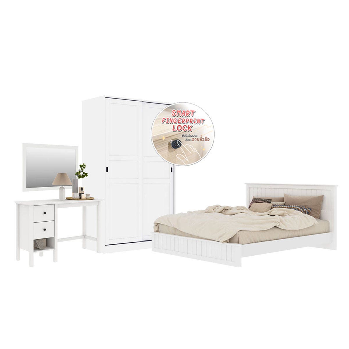 ชุดห้องนอน ขนาด 5 ฟุต รุ่น Moneta & ตู้บานเเลื่อน 120 ซม. พร้อมลิ้นชักระบบ Finger Scan สีขาว01