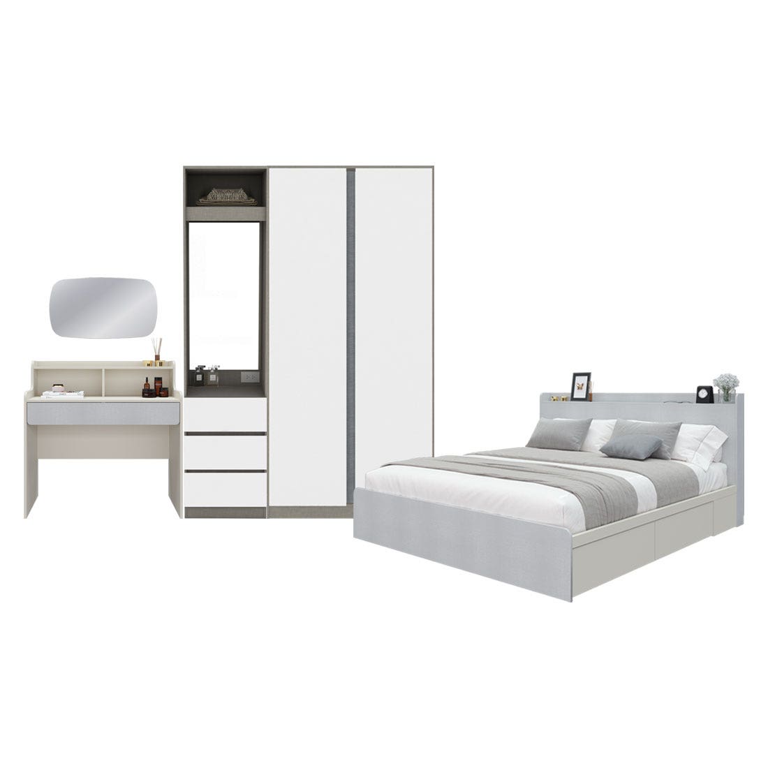 ชุดห้องนอน 5 ฟุต & ตู้ Blox 150 ซม. & โต๊ะเครื่องแป้ง รุ่น Aiko สีขาว 02