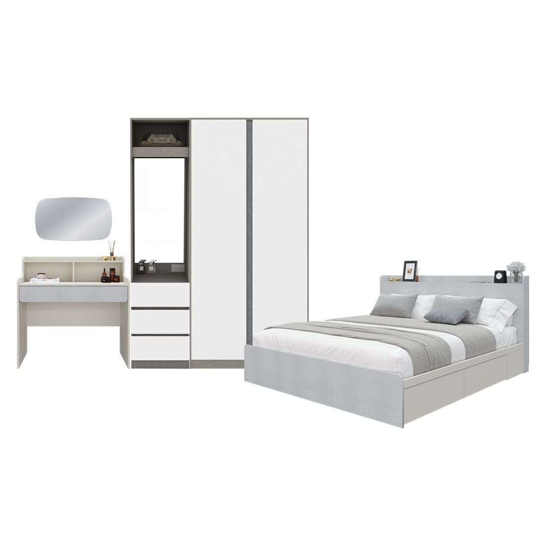 ชุดห้องนอน 6 ฟุต & ตู้ Blox 150 ซม. & โต๊ะเครื่องแป้ง รุ่น Aiko สีขาว 02