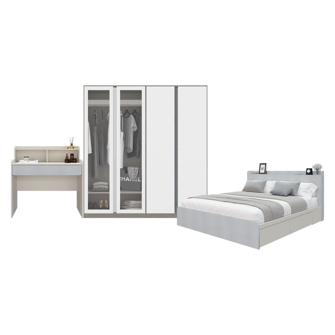 ชุดห้องนอน 5 ฟุต & ตู้ Blox 200 ซม. & โต๊ะเครื่องแป้ง รุ่น Aiko สีขาว01