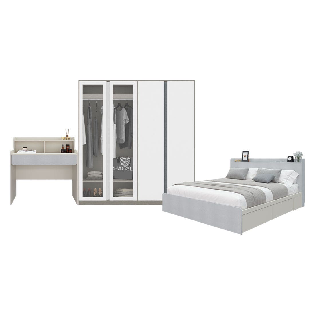 ชุดห้องนอน 6 ฟุต & ตู้ Blox 200 ซม. & โต๊ะเครื่องแป้ง รุ่น Aiko สีขาว01