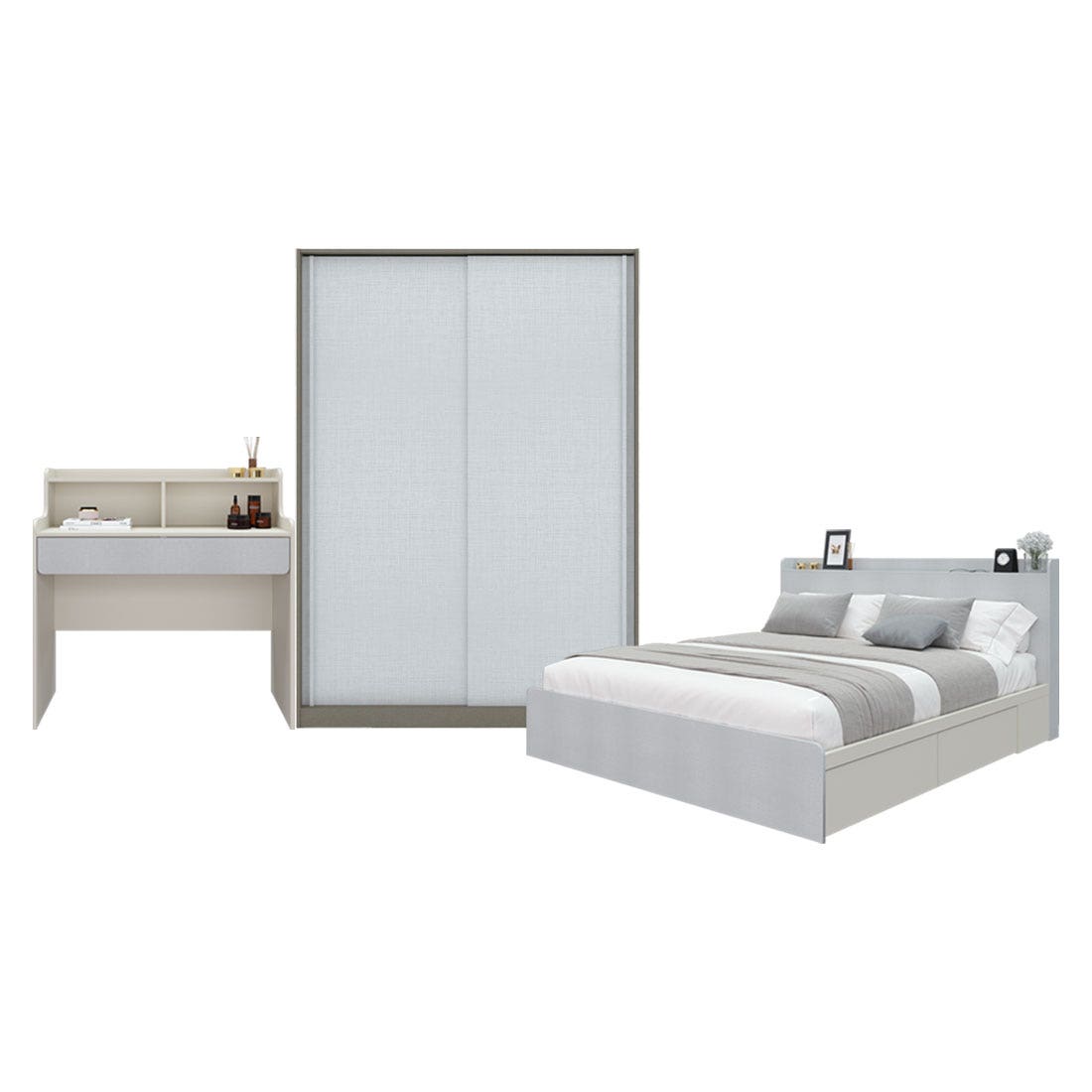 ชุดห้องนอน 5 ฟุต & ตู้ Blox บานเลื่อน 150 ซม. & โต๊ะเครื่องแป้ง รุ่น Aiko สีขาว01