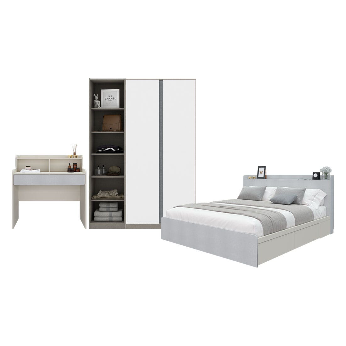 ชุดห้องนอน 6 ฟุต & โต๊ะเครื่องแป้ง  & ตู้ Blox 150 ซม. สีขาว01