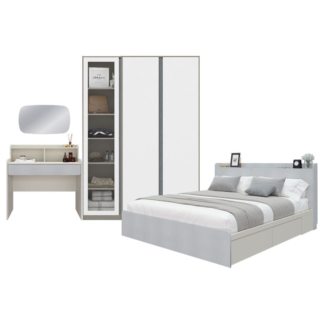 ชุดห้องนอน 5 ฟุต Aiko & Blox 150 & โตีะเครื่องแป้งพร้อมกระจก สีขาวลายผ้า01