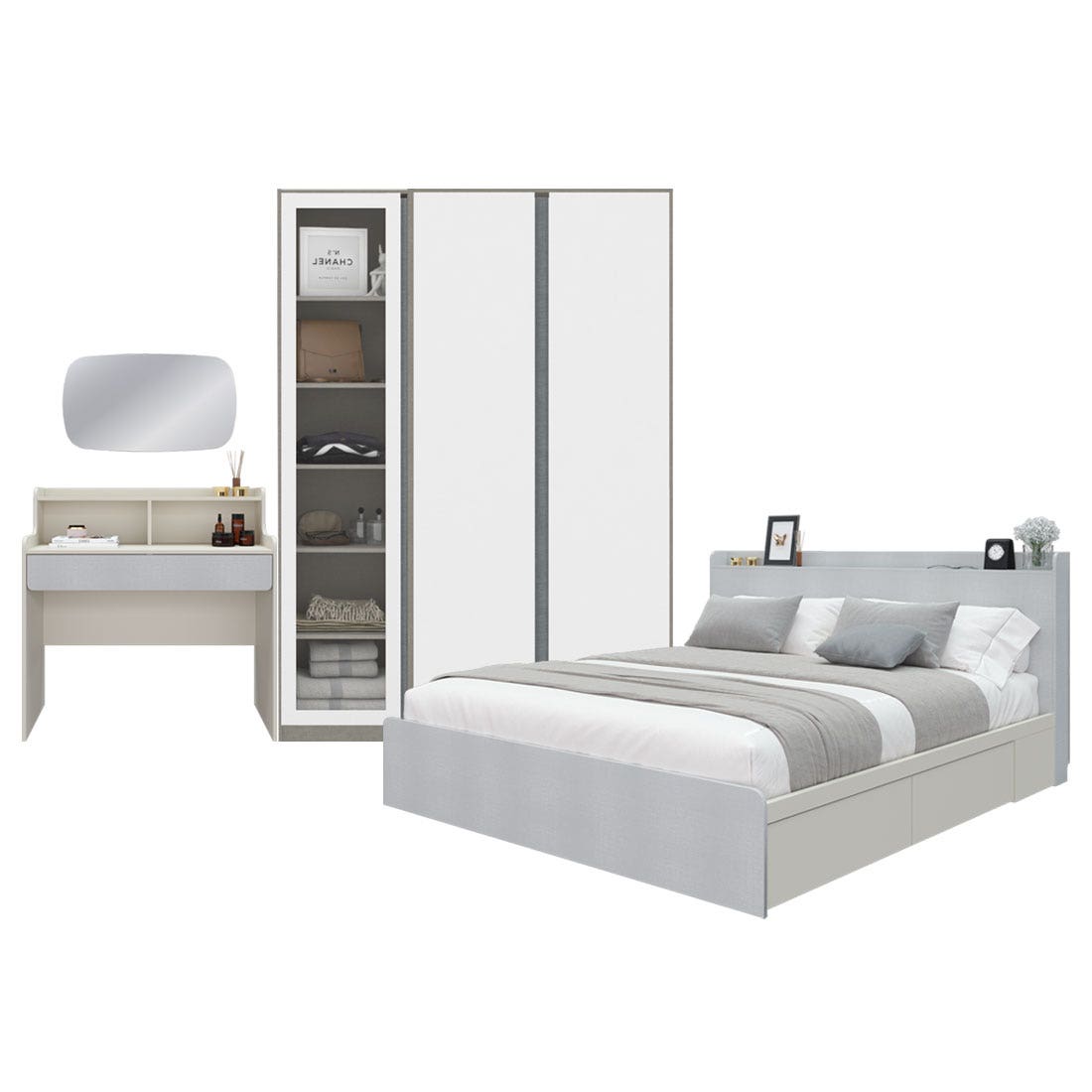ชุดห้องนอน 6 ฟุต Aiko & Blox 150 & โตีะเครื่องแป้งพร้อมกระจก สีขาวลายผ้า01